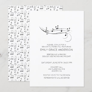 Flute Recital Musical Notes Black & White Invitation