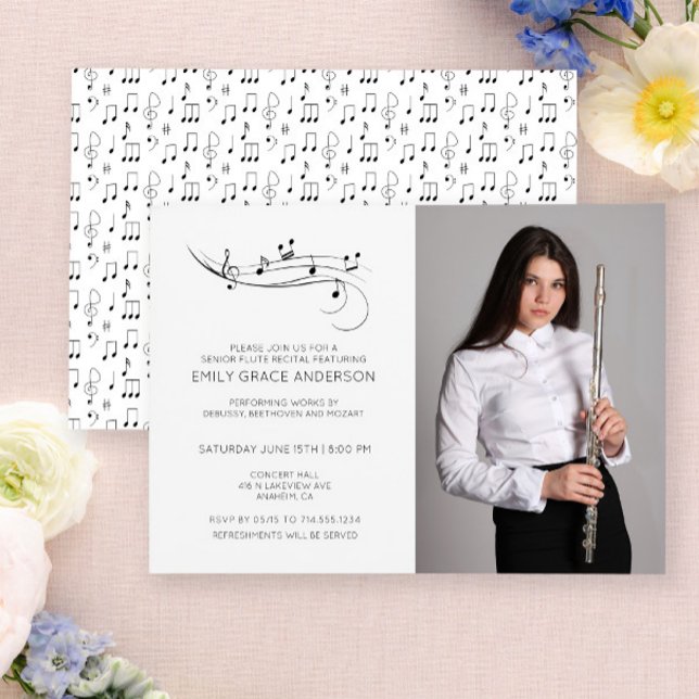 Flute Recital Musical Notes Black & White Photo Invitation (Easily personalize this recital invite with your photo and details.)
