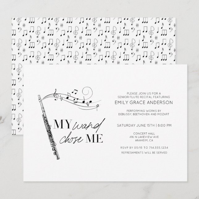 Flute Recital My Wand Chose Me Quote Black & White Invitation (Front/Back)