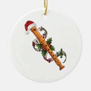 Flute Recorder Instrument Santa Hat Christmas Ceramic Ornament