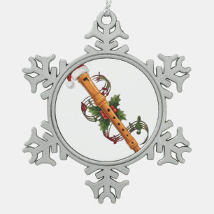 Flute Recorder Instrument Santa Hat Christmas Snowflake Pewter Christmas Ornament