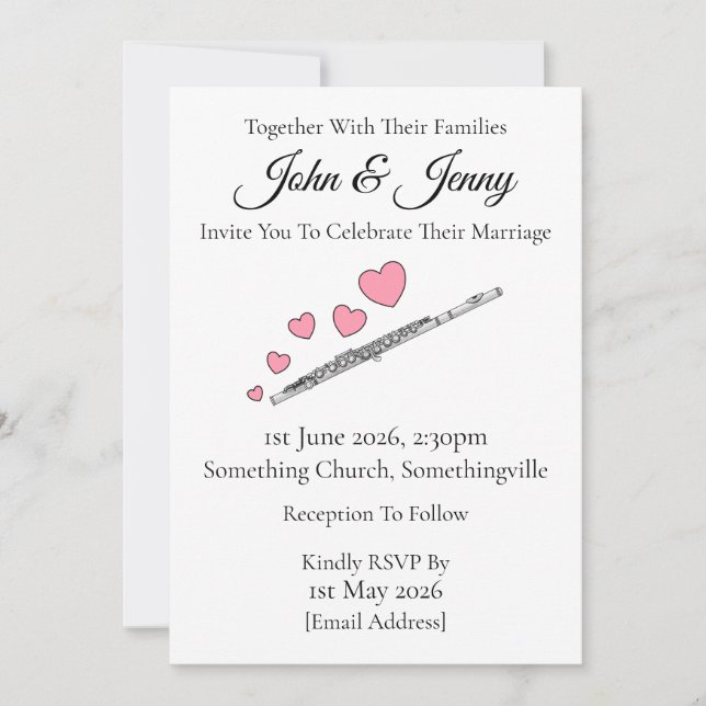 Flute Wedding Invitation Flutist Musicians (Front)