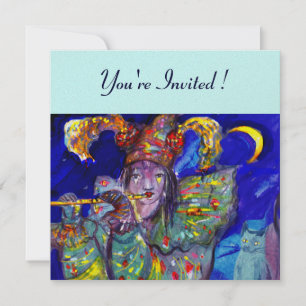 FLUTIST IN BLUE ,gold metallic paper Invitation