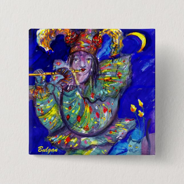 FLUTIST IN BLUE / Venetian Carnival Night 2 Inch Square Button (Front)