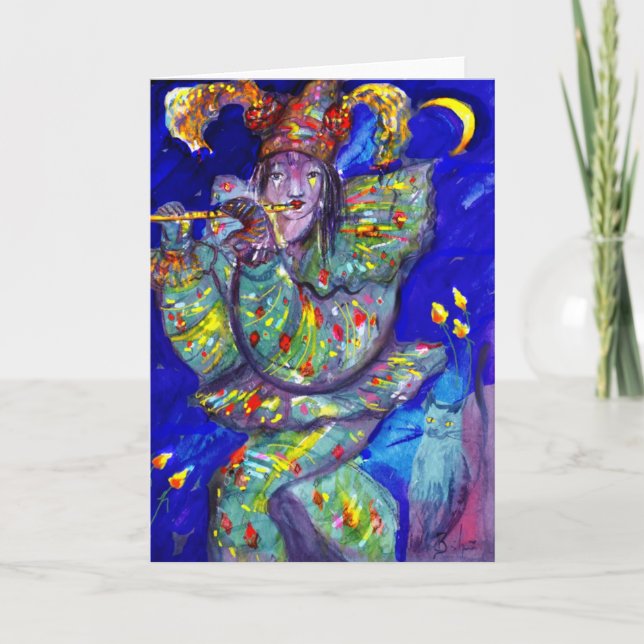 FLUTIST IN BLUE / Venetian Carnival Night Card (Front)