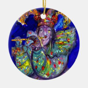FLUTIST IN BLUE / Venetian Carnival Night Ceramic Ornament