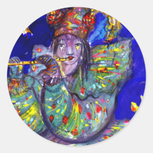 FLUTIST IN BLUE / Venetian Carnival Night Classic Round Sticker