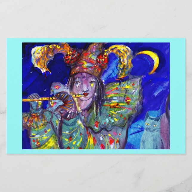 FLUTIST IN BLUE / Venetian Carnival Night Stationery (Front)