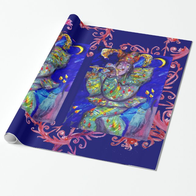 FLUTIST IN BLUE  / Venetian Carnival Night Wrapping Paper (Unrolled)
