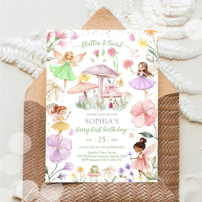 Flutter and Twirl Fairy First 1st Birthday Invitation (Creator Uploaded)