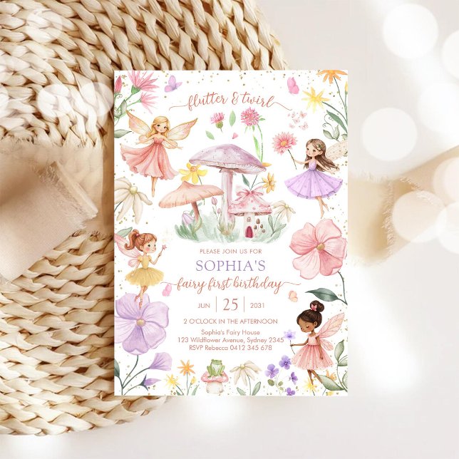 Flutter and Twirl Fairy First 1st Birthday Invitation (Creator Uploaded)