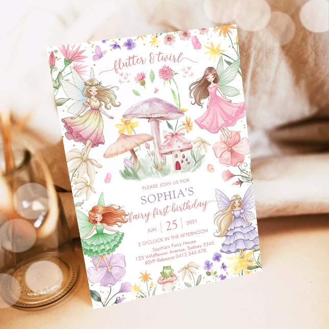 Flutter and Twirl Fairy First 1st Birthday Invitation (Creator Uploaded)