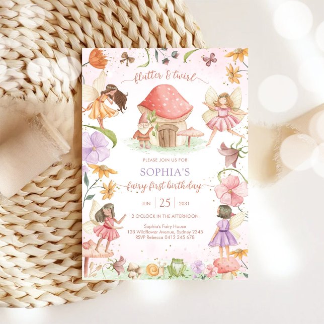 Flutter and Twirl Fairy First 1st Birthday Invitation (Creator Uploaded)