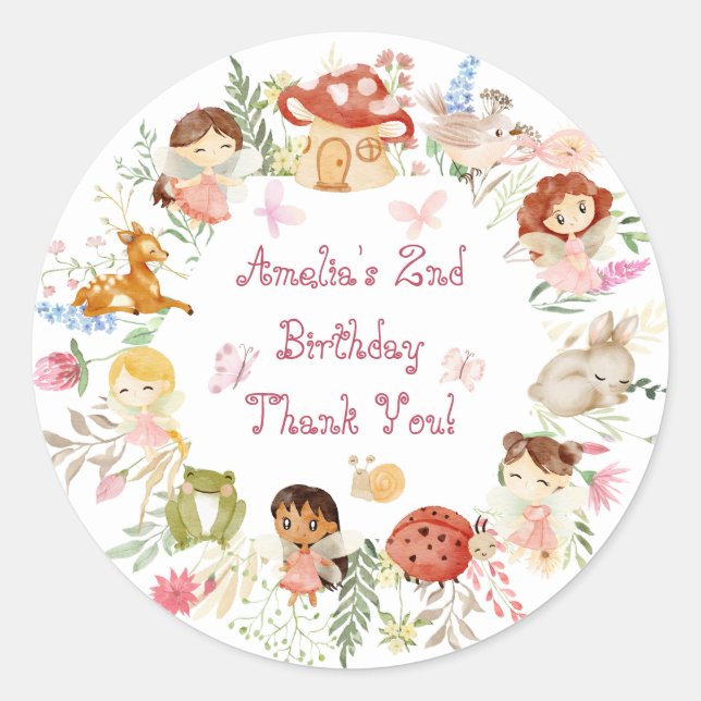 Flutter and Twirl Fairy Garden Birthday Thank You Classic Round Sticker (Front)