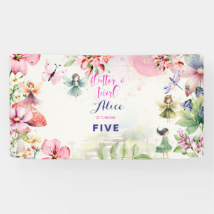 Flutter and twirl Fairy garden watercolor birthday Banner