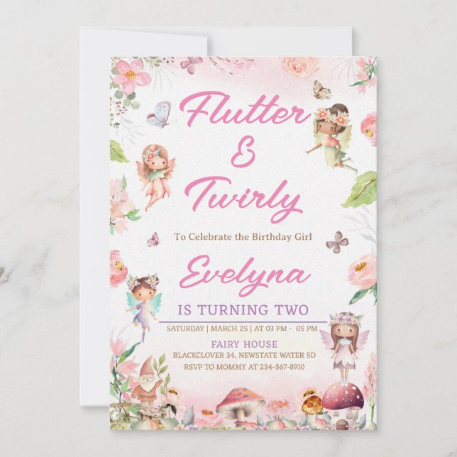 Flutter And Twirly Fairy Birthday Invitation Party (Front)