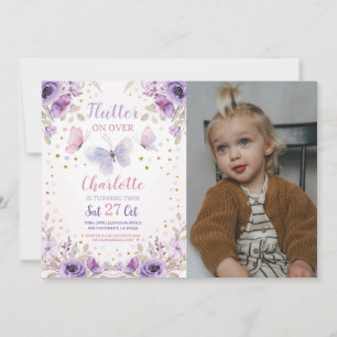Flutter Butterfly Flower Photo Birthday Party Invitation