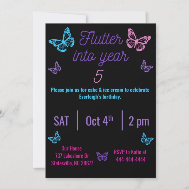 flutter into year 5 invitation (Front)