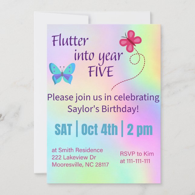 flutter into year five  invitation (Front)