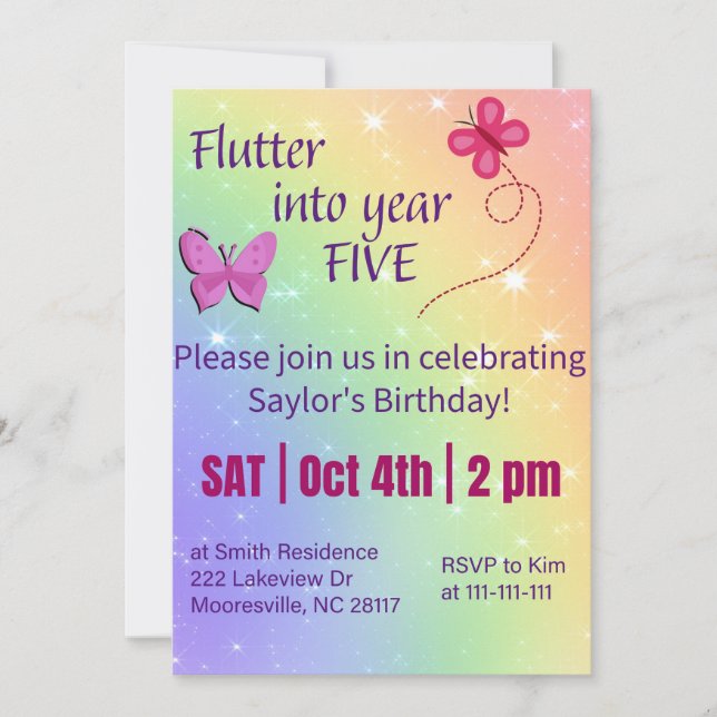 flutter into year five invitation (Front)