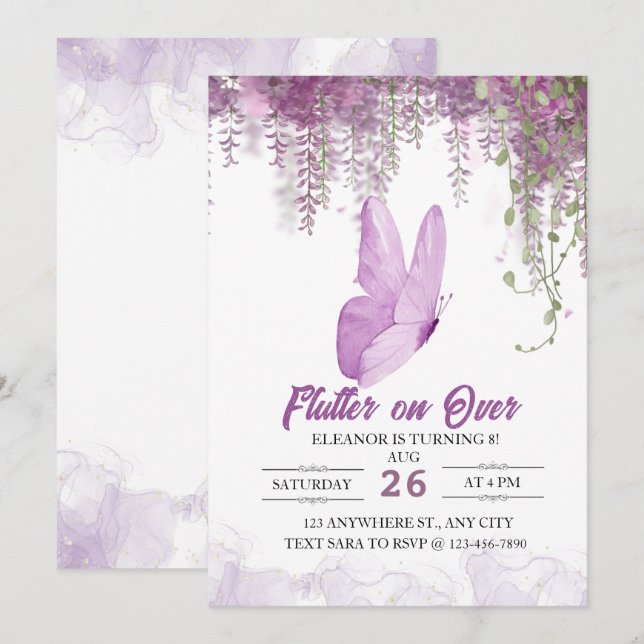 Flutter On Over Butterfly Girl Birthday Invitation (Front/Back)