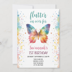 Flutter On Over Rainbow Butterfly 1st Birthday Invitation
