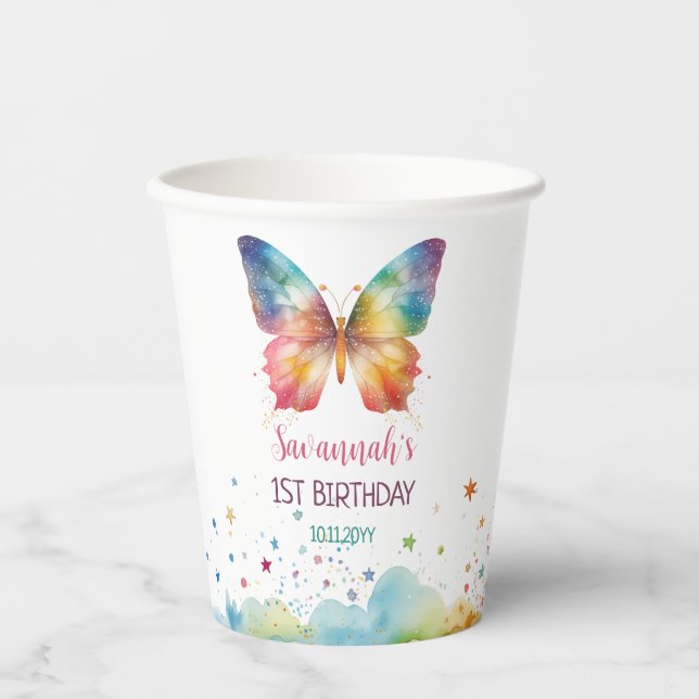 Flutter On Over Rainbow Butterfly 1st Birthday Paper Cups (Front)
