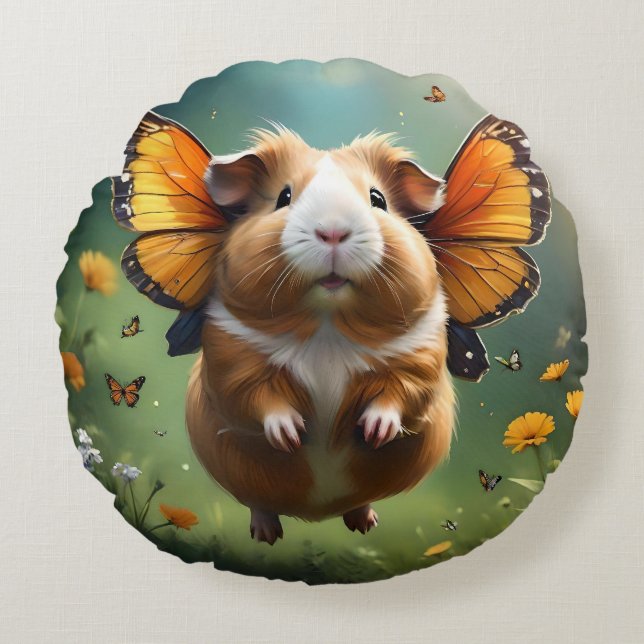 "Flutter Paws: The Guinea Pig Takes Flight" Round Pillow (Front)