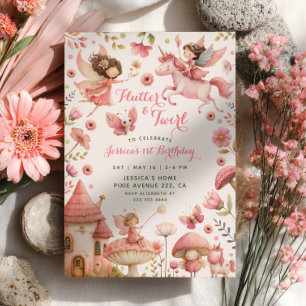 Flutter& Twirl Unicorn Fairy 1st Birthday Party  Invitation