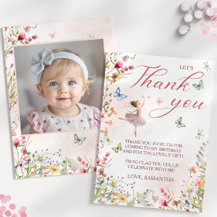 Flutter Twirl Wildflower Fairy 1st Birthday Photo Thank You Card