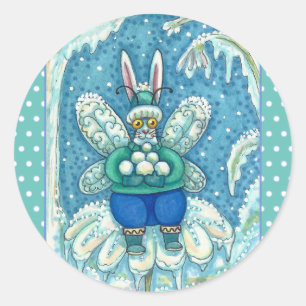 FLUTTERBUN WINTER WONDERLAND, FUNNY BUNNY RABBIT CLASSIC ROUND STICKER