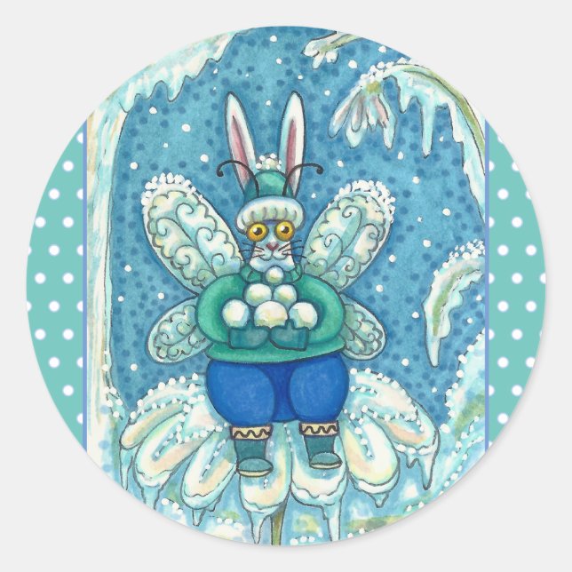 FLUTTERBUN WINTER WONDERLAND, FUNNY BUNNY RABBIT CLASSIC ROUND STICKER (Front)
