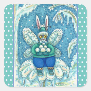 FLUTTERBUN WINTER WONDERLAND, FUNNY BUNNY RABBIT SQUARE STICKER