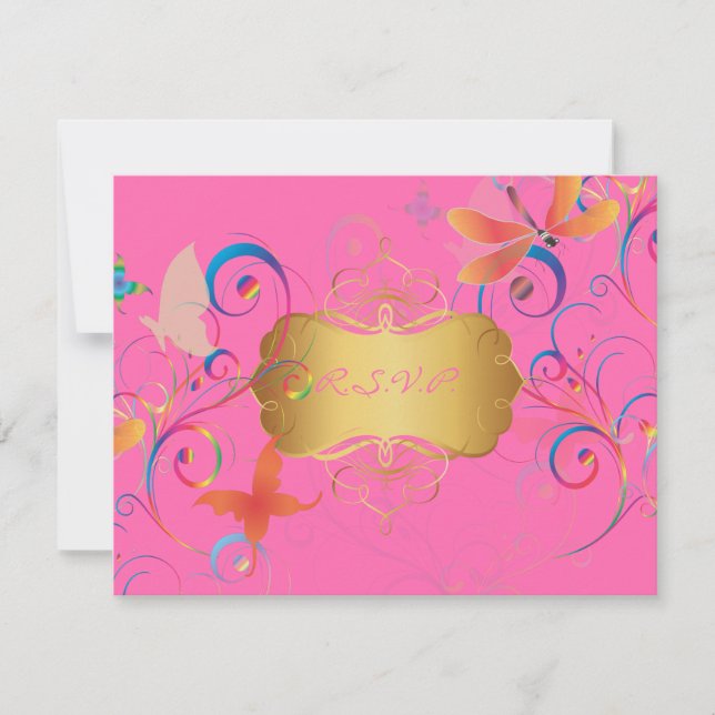 Fluttering by.. dragon fly+butterflies+swirls RSVP card (Front)