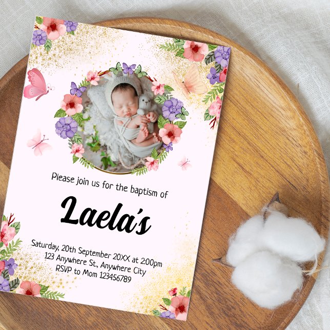 Fluttering Faith: Modern Butterfly Baptism Photo  Invitation (Modern Butterfly Baptism Photo Invitation)