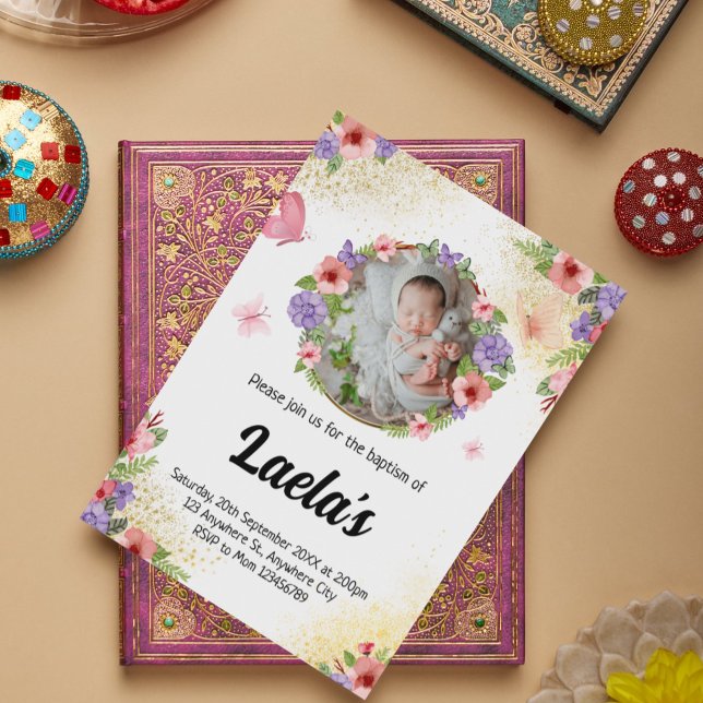 Fluttering Faith: Modern Butterfly Baptism Photo  Invitation (Fluttering Faith: Modern Butterfly Baptism Photo Invitation)