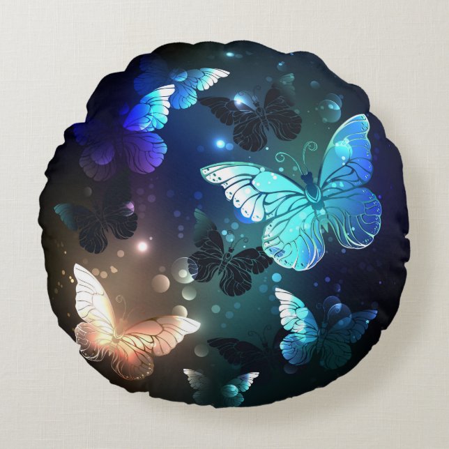 Fluttering Night Butterfly Round Pillow (Front)