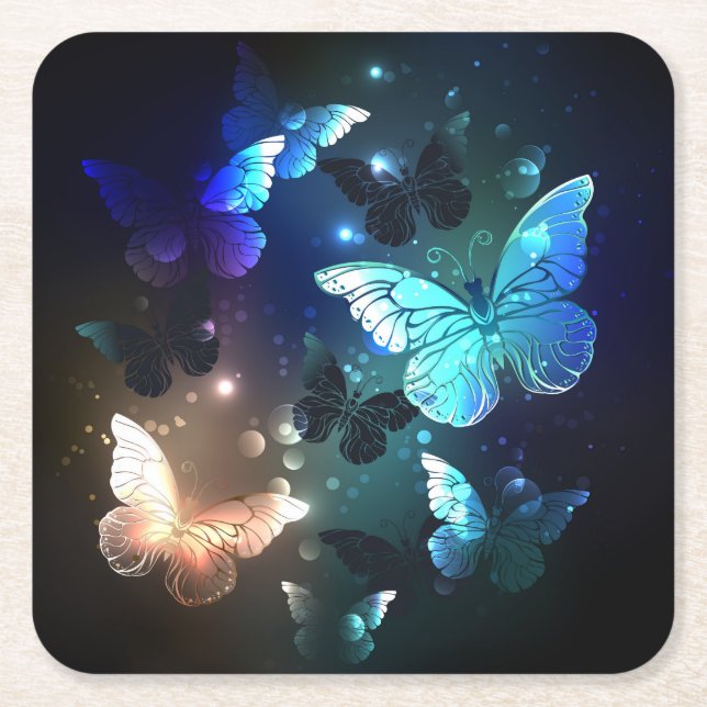 Fluttering Night Butterfly Square Paper Coaster (Front)