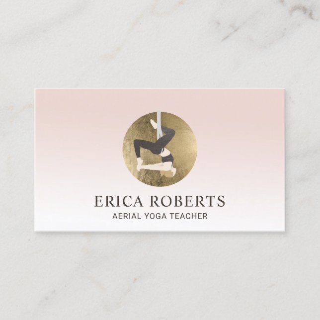 Fly Aerial Yoga Instructor Gold Logo Blush Pink Business Card (Front)