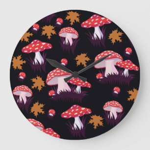 Fly agaric, maple leaves print large clock