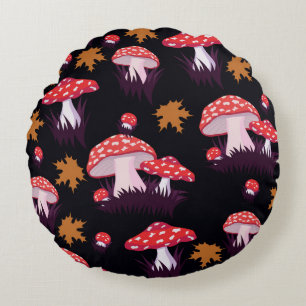 Fly agaric, maple leaves print round pillow