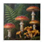 Fly Agaric Mushrooms Forest Botanical Tile<br><div class="desc">Discover the striking beauty of nature with this detailed cluster of classic red fly agaric mushrooms, their white-spotted caps standing tall among lush green ferns and deep forest shadows. Realistic textures, dew-kissed surfaces, and subtle golden chanterelles at the base bring the quiet, grounded atmosphere of a woodland floor to life....</div>
