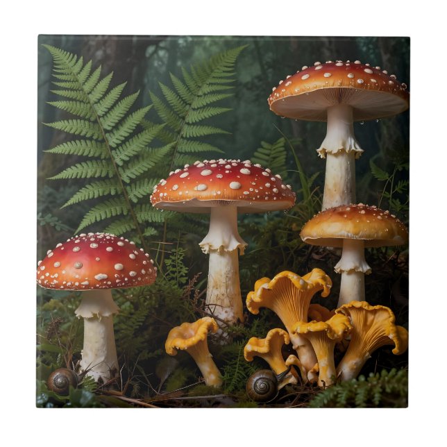 Fly Agaric Mushrooms Forest Botanical Tile (Front)