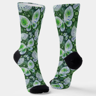 Fly Away Paisley Butterfly Print Green  Socks