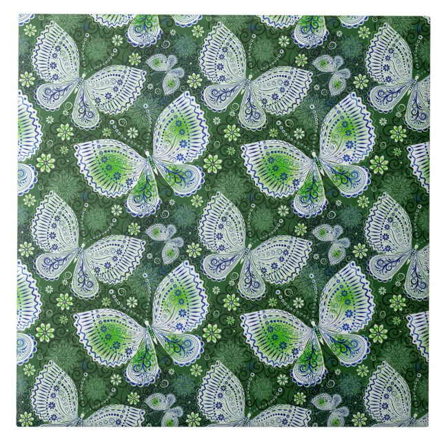 Fly Away Paisley Butterfly Print Green  Tile (Front)