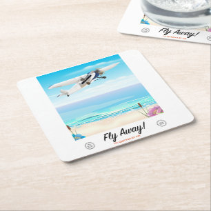 Fly away vintage cartoon travel poster square paper coaster