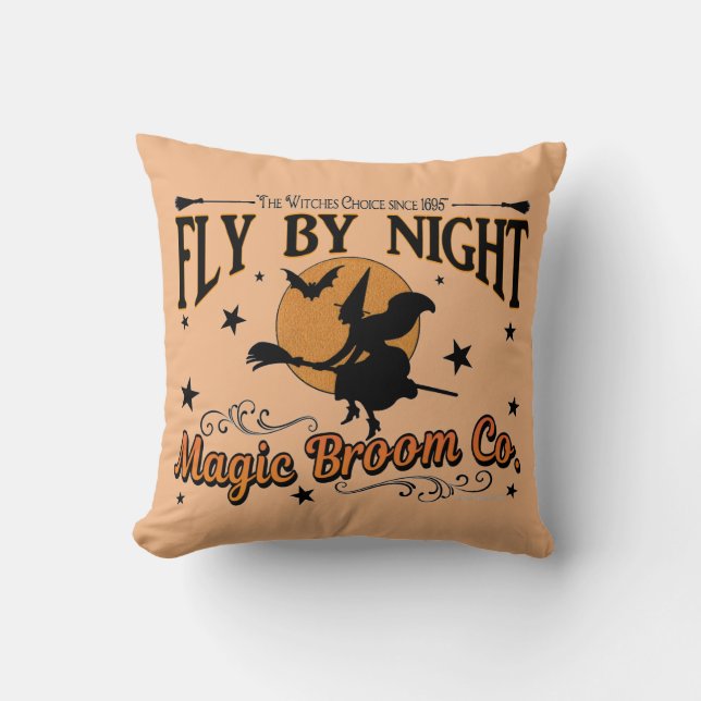 Fly by Night Magic Broom Co.  With Spider Web Throw Pillow (Front)
