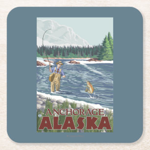 Fly Fisherman - Anchorage, Alaska Square Paper Coaster