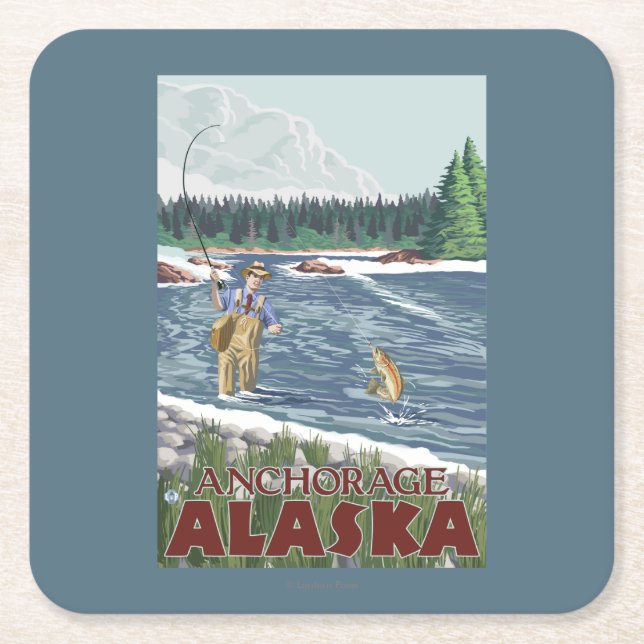 Fly Fisherman - Anchorage, Alaska Square Paper Coaster (Front)