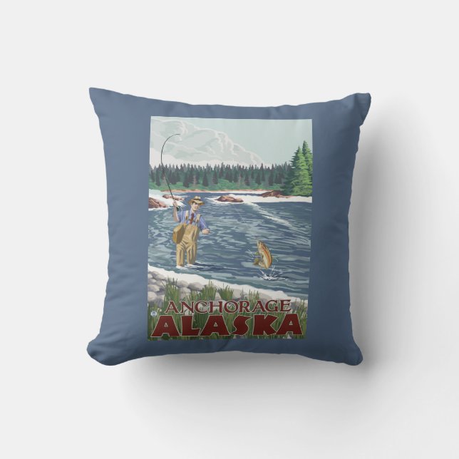 Fly Fisherman - Anchorage, Alaska Throw Pillow (Front)